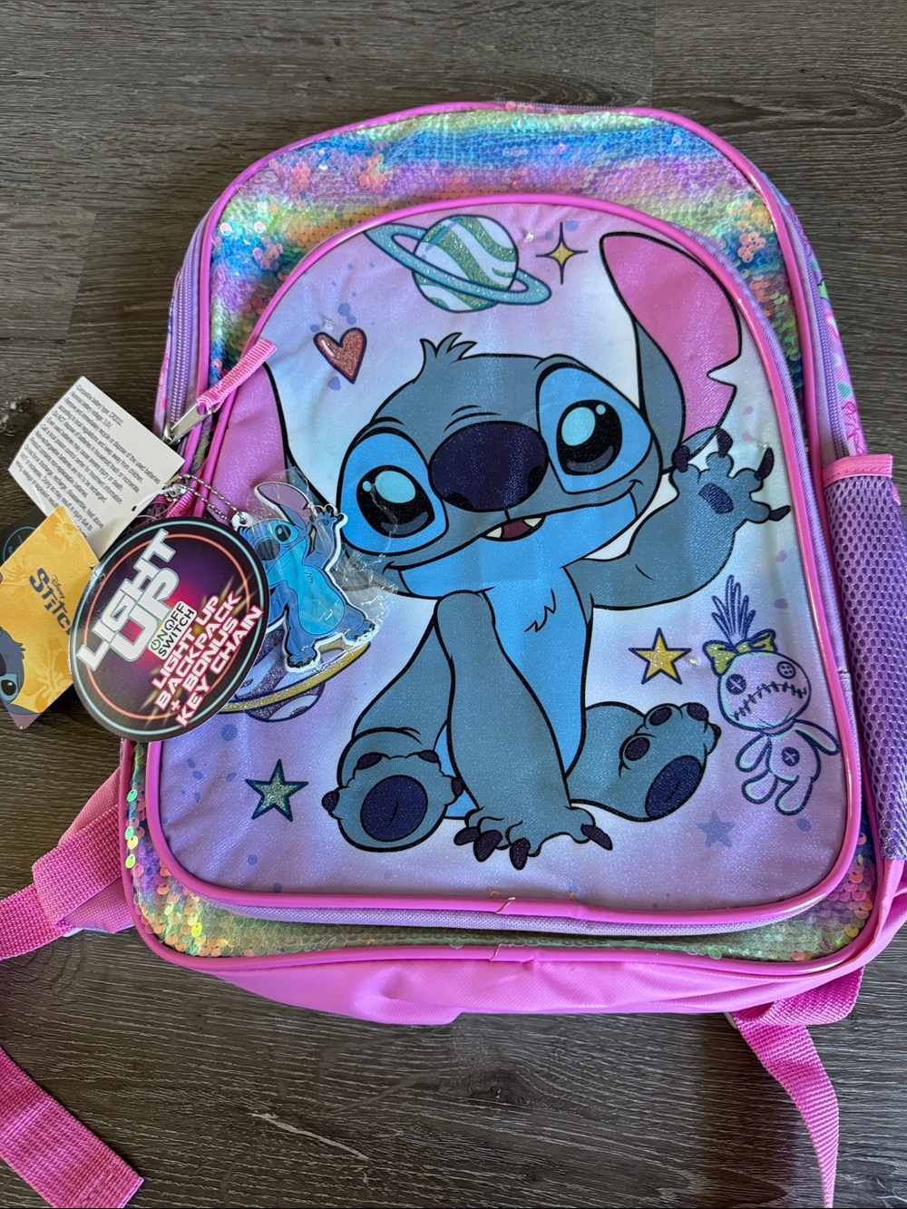 Disney Kids' Blue Stitch Sequin Backpack with Pink Trim